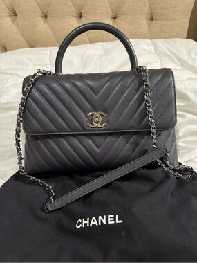 CHANEL Chevron Top Handle Satchel in Dark Gray with Silver Hardware